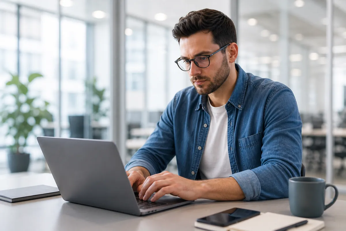 IT specialist working on a laptop in a modern office