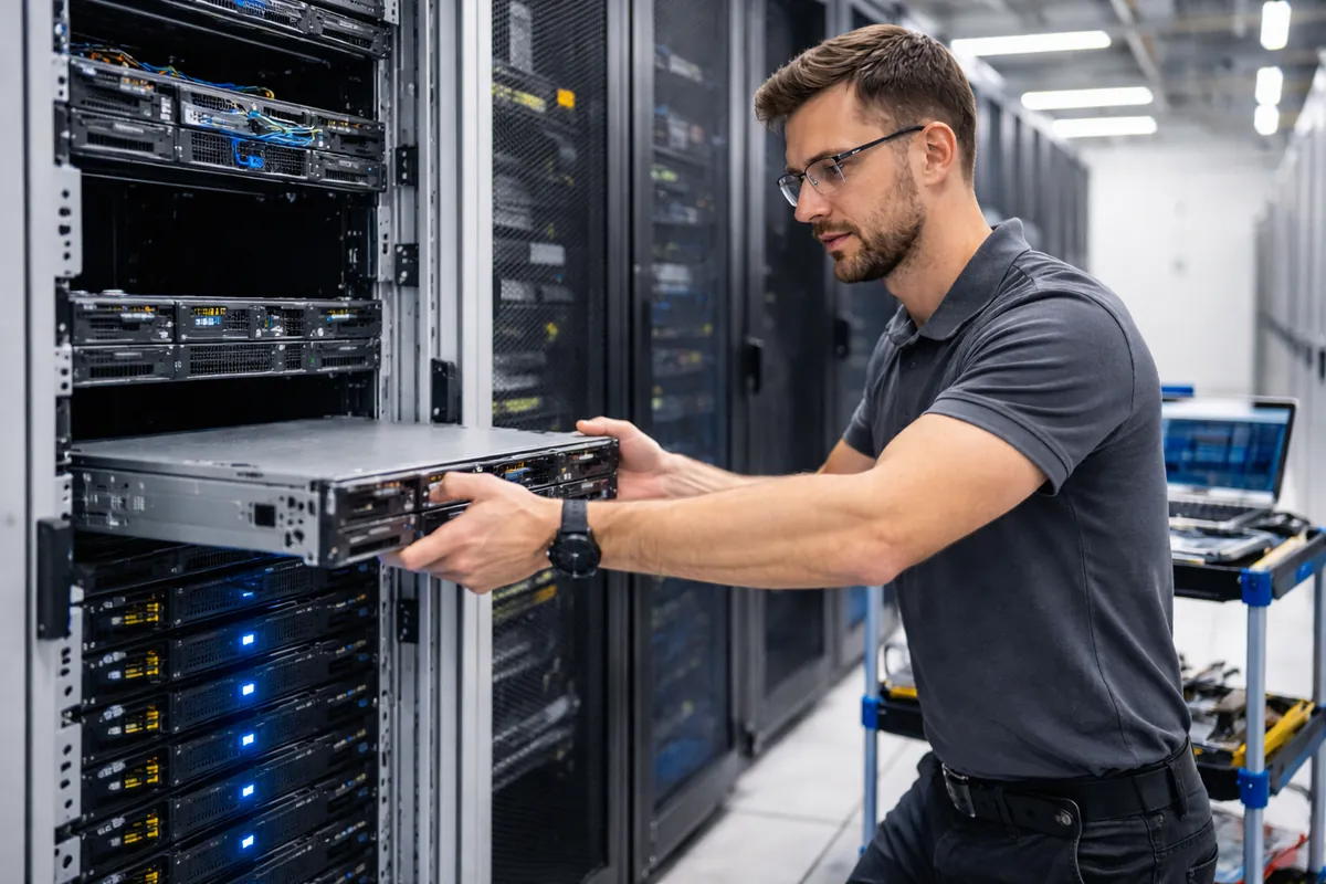 Technician installing server hardware in a data center