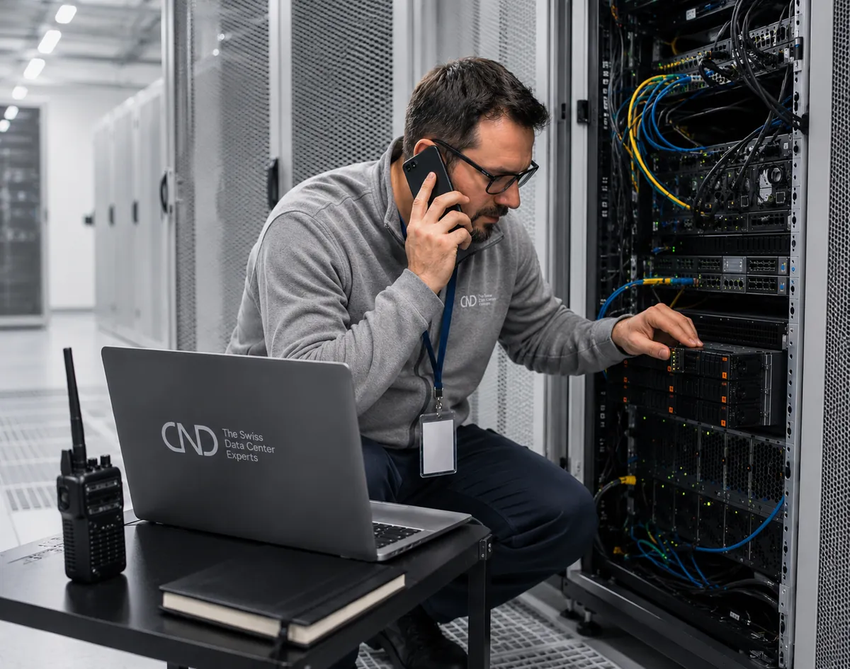 CND technician performing server maintenance in a data center